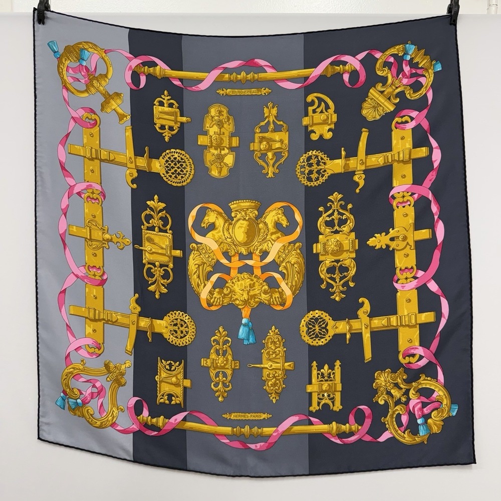 Hermes 100% Silk Scarf Ferronnerie By Caty Black Gray Gold Pink 25 1/2" by 26"